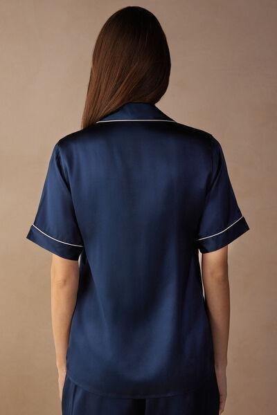 Navy Short-Sleeved Silk Shirt With Contrasting Edges, Intense Blue, large image number 3