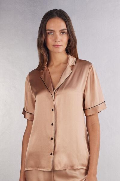 قميص ساتان وردي ساتان بأكمام قصيرة بزخر"ة متباينة ، نسائي, Satin Pink, large image number 0
