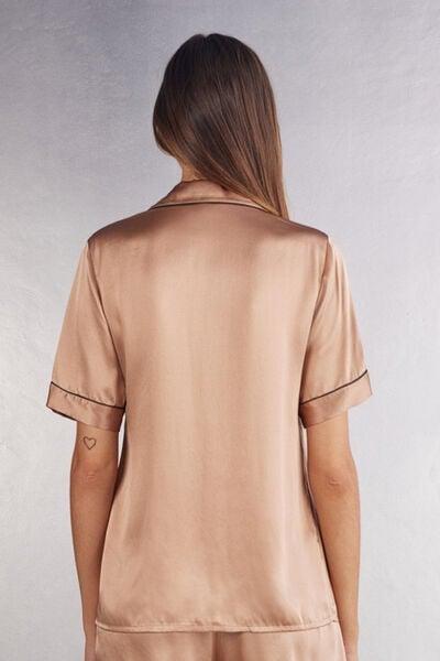 قميص ساتان وردي ساتان بأكمام قصيرة بزخر"ة متباينة ، نسائي, Satin Pink, large image number 3