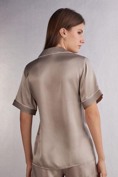 Beige Short-Sleeved Satin Shirt, 5601_651I, large image number 3