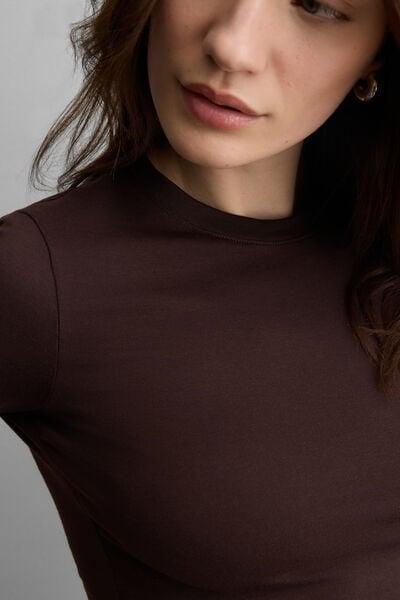 Brown Short-Sleeved Stretch Superior Cotton Top, 5601_705J, large image number 5