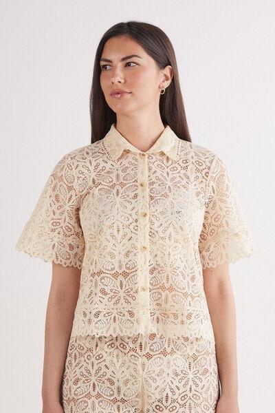 Beige Short-Sleeved Lace Shirt, 5601_865J, large image number 0