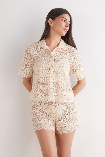 Beige Short-Sleeved Lace Shirt, 5601_865J, large image number 1