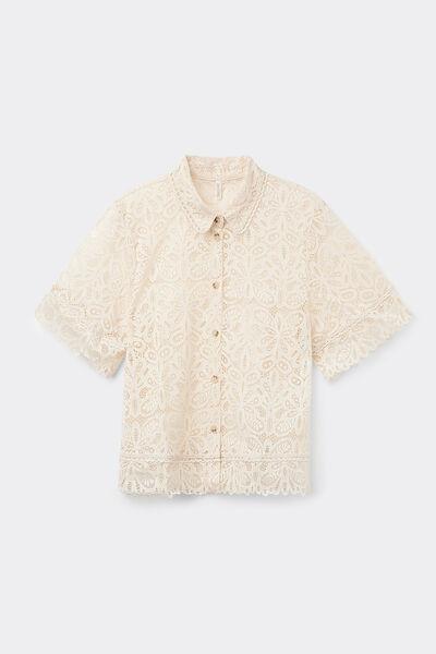 Beige Short-Sleeved Lace Shirt, 5601_865J, medium