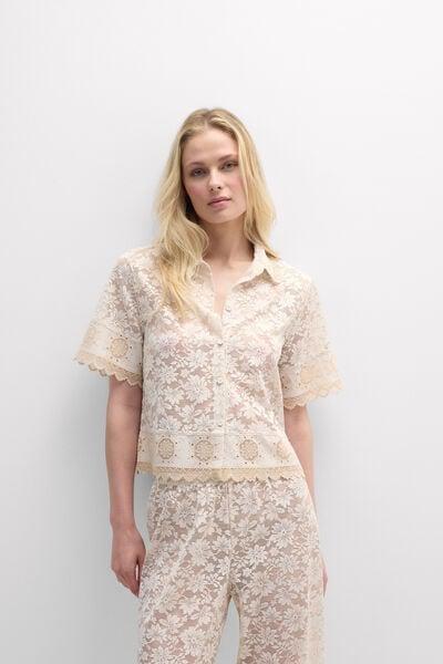 Beige Midsummer Dream Short-Sleeved Lace Shirt, 5601_118K, large image number 1