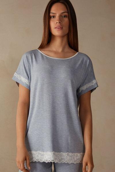 Blue Short-Sleeve Top With Lace Detail, , medium