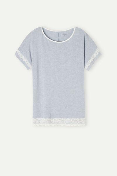 Blue Short-Sleeve Top With Lace Detail, , large image number 2