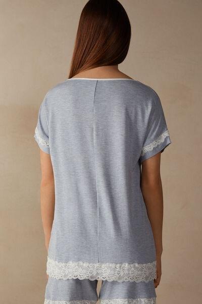 Blue Short-Sleeve Top With Lace Detail, , large image number 3