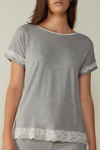 Grey  Short-Sleeve Top With Lace Detail, , large image number 0