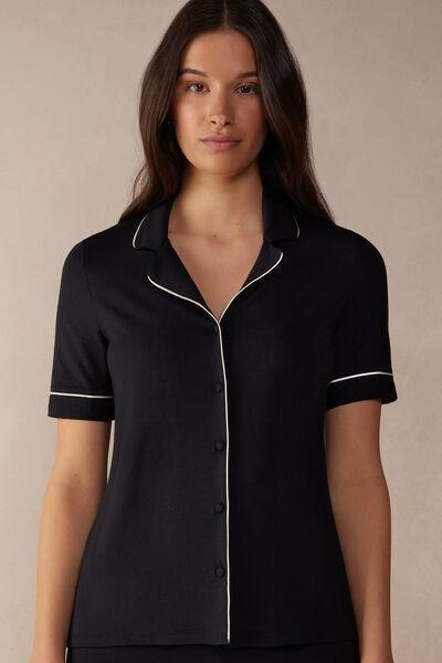 Black Short-Sleeved Button-Down Top, , medium