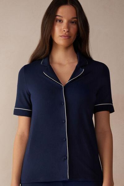 Blue Short-Sleeved Button-Down Top, , medium