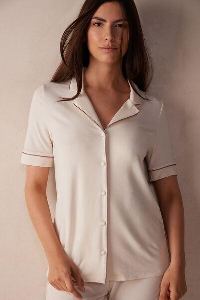 Cream Short-Sleeved Button-Down Modal Top, , large image number 1