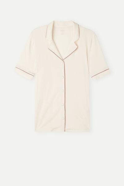 Cream Short-Sleeved Button-Down Modal Top, , large image number 2