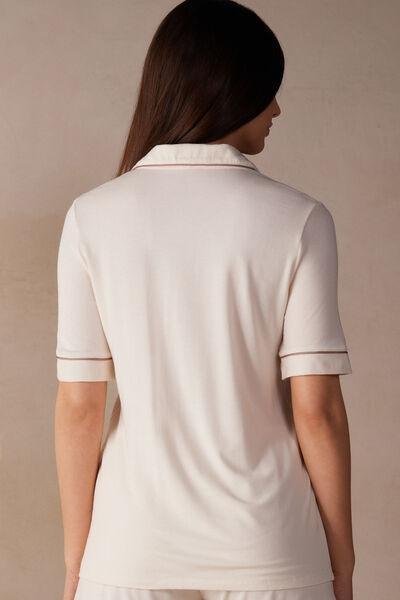Cream Short-Sleeved Button-Down Modal Top, , large image number 3