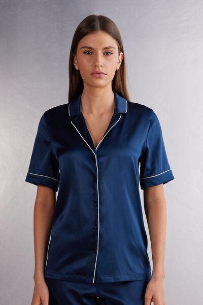 Blue Short-Sleeved Style Silk Shirt, , medium