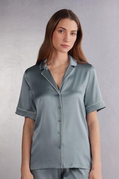 Blue Short-Sleeved Silk Shirt, , large image number 0