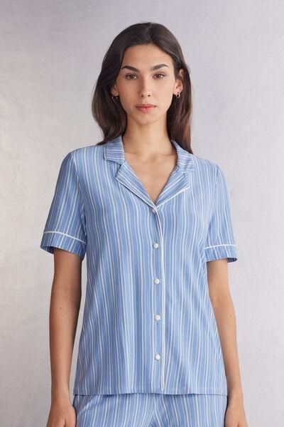 Blue Oxford Stripes Button-Up Short-Sleeved Top, , large image number 0