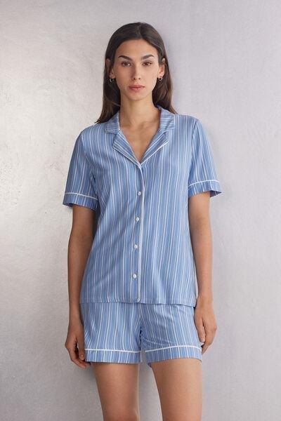 Blue Oxford Stripes Button-Up Short-Sleeved Top, , large image number 2