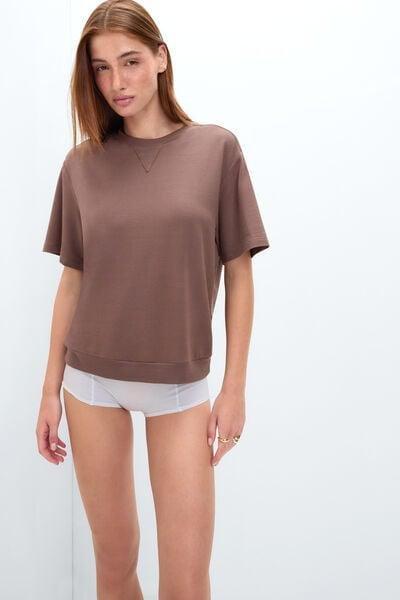 Brown Short-Sleeved Sporty Cotton And Modal Top, 5601_189K, medium