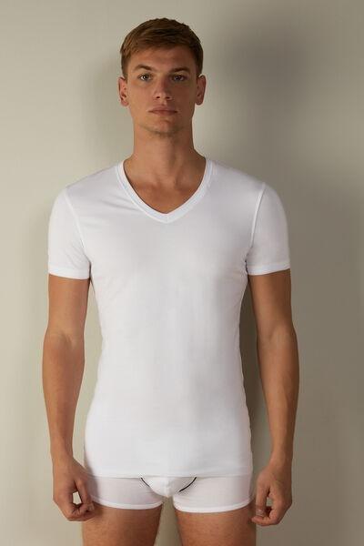 White Stretch Supima Cotton T-Shirt With V Neck, , large image number 1