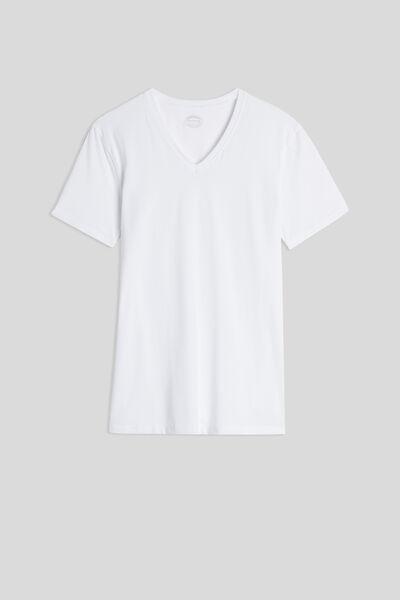 White Stretch Supima Cotton T-Shirt With V Neck, , large image number 4