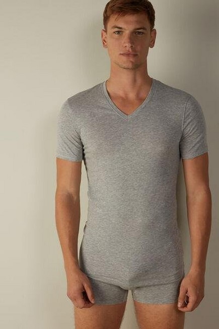 Intimissimi - Light Grey Blend Stretch Supima Cotton T-Shirt With V Neck, Men
