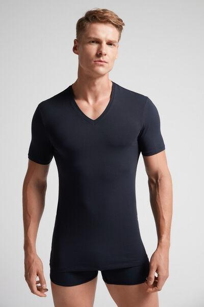 تي شيرت قطن سوبيما بياقة V أزرق داكن ، للرجال, Midnight Blue, large image number 5