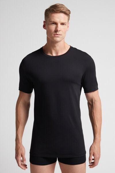 Black Cotton Round Neck T-Shirt, Black, medium