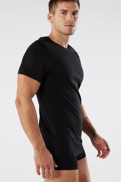 Black Cotton Round Neck T-Shirt, Black, medium