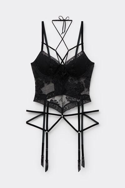 Black La Femme Fatale Strappy Motif Silk Basque, Black, medium