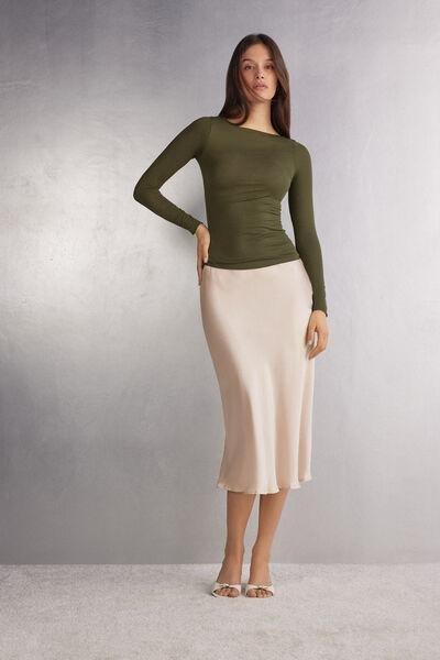 Cream Silk Midi Skirt, , large image number 2