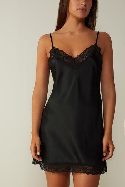 Black Silk Slip With Lace Insert Detail, , large image number 1