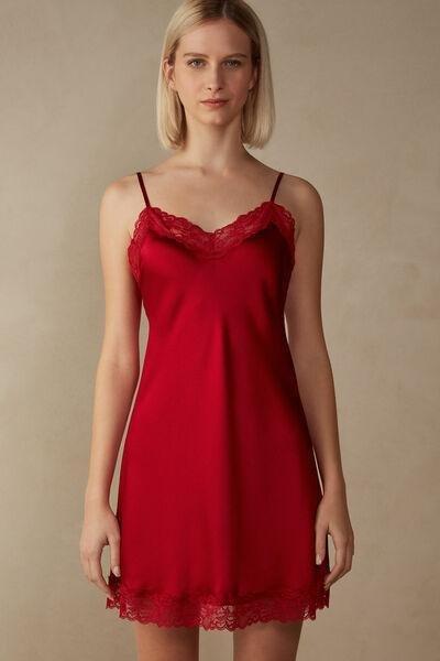 Red Silk Slip With Lace Insert Detail, , large image number 0