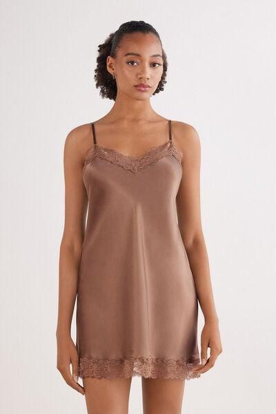 Beige Lace Insert Silk Slip Dress, Brown Mocha, large image number 0