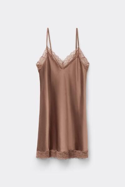 Beige Lace Insert Silk Slip Dress, Brown Mocha, large image number 2