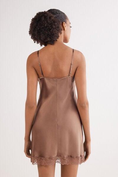 Beige Lace Insert Silk Slip Dress, Brown Mocha, large image number 3