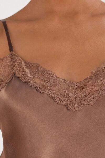 Beige Lace Insert Silk Slip Dress, Brown Mocha, large image number 5