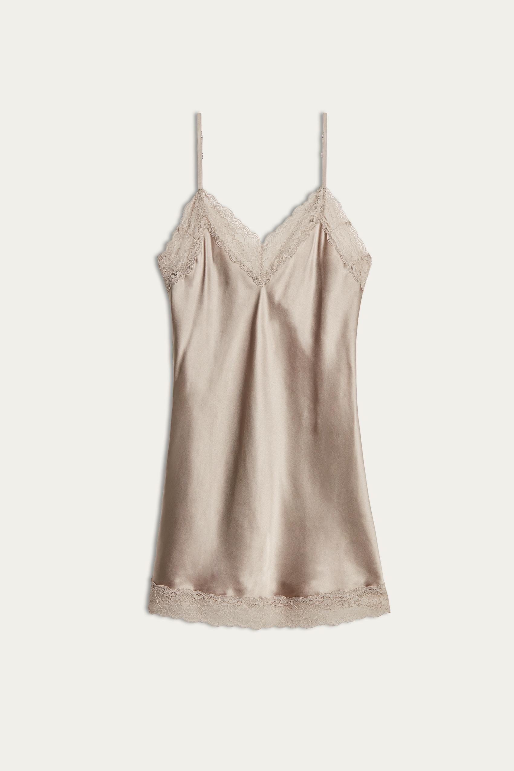 Beige Silk Slip With Lace Insert Detail, , large image number 3