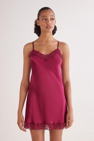Red Lace Insert Detail Silk Slip, , large image number 0