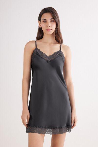Grey Lace Insert Detail Silk Slip, , large image number 0