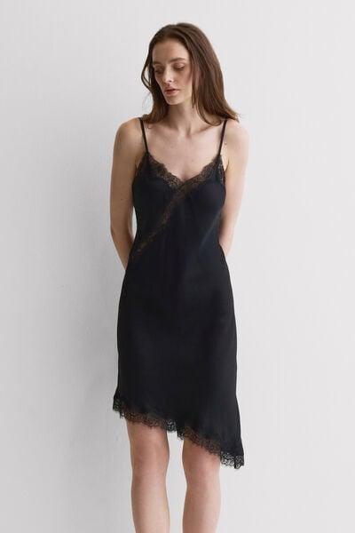 Black Asymmetrical Satin Slip, Black, large image number 1