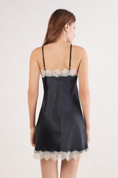 Black Frill Detail Silk Slip Dress, Black, medium