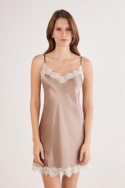 Brown Frill Detail Silk Slip Dress, 5601_119K, medium