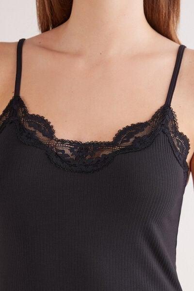 Black Your Every Wear Ribbed Lacy Slip Dress, Black, large image number 5