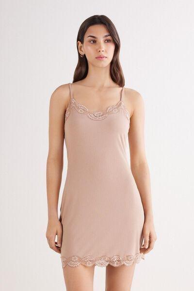Beige Your Every Wear Ribbed Lacy Slip Dress, , medium