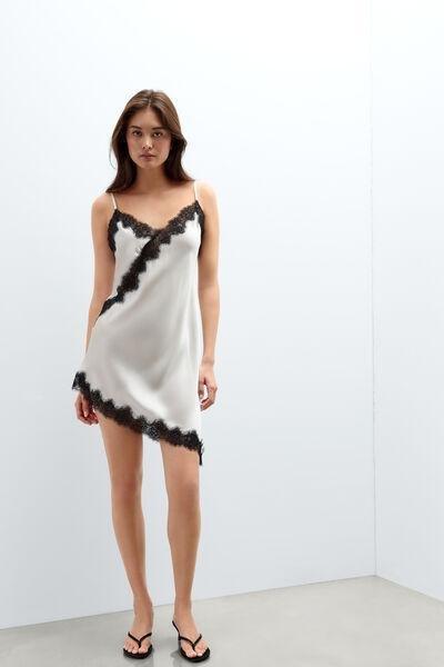 White/Black Brighten You Day Lace And Silk Asymmetrical Slip, Powder White/black, large image number 3