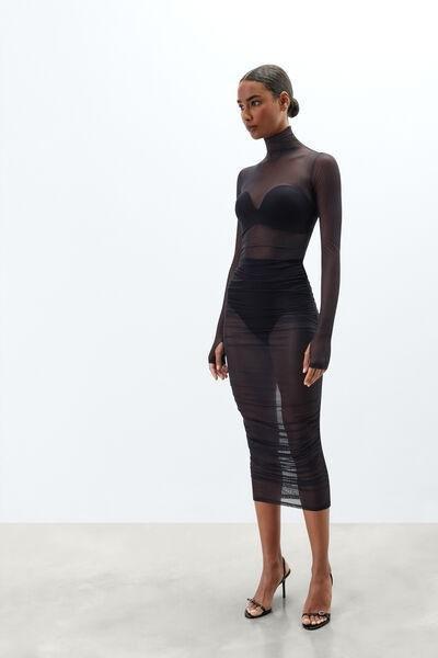 Black Long-Sleeved Tulle Dress, Black, medium