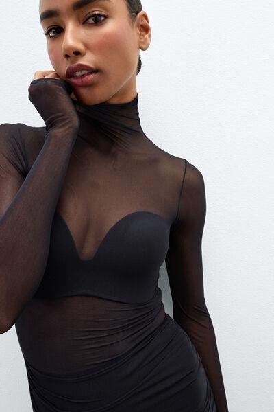 Black Long-Sleeved Tulle Dress, Black, large image number 4