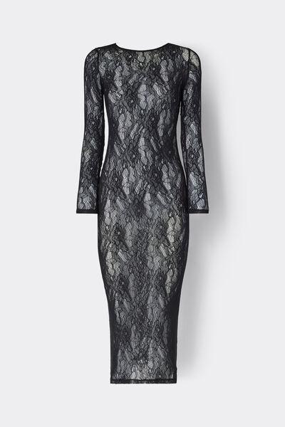Black Long-Sleeved Stretch Lace Dress, Black, medium