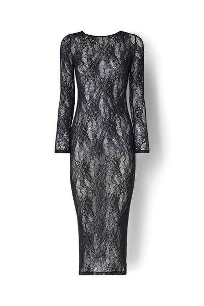 Black Long-Sleeved Stretch Lace Dress, Black, medium